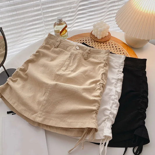 Casual Slim Sexy Women Mini Skirt Ladies Summer Korean High Waist A-Line Solid Shirring Skirts Office Lady Streetwear